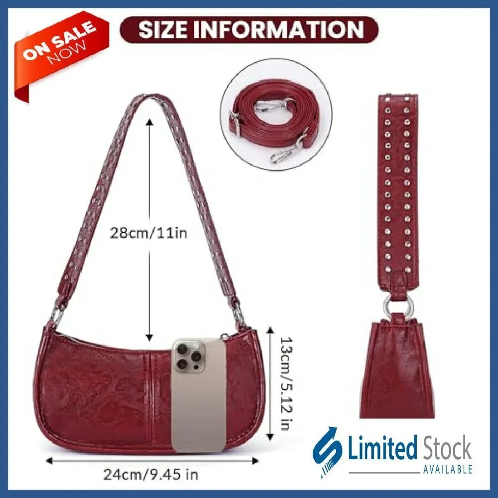 Small Studded Leather Hobo Bag with Dual Straps for Daily Use